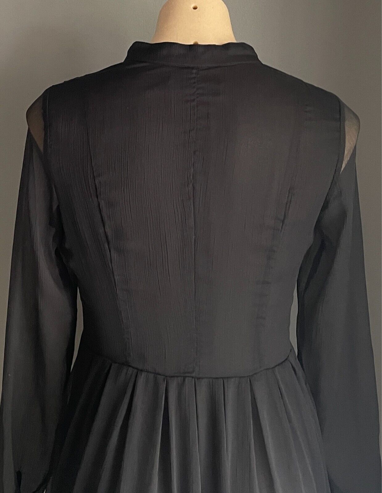 MEI BAN Midi Black Sheath Dress Long Sleeve Semi Sheer w Ruffles Goth Size M 10