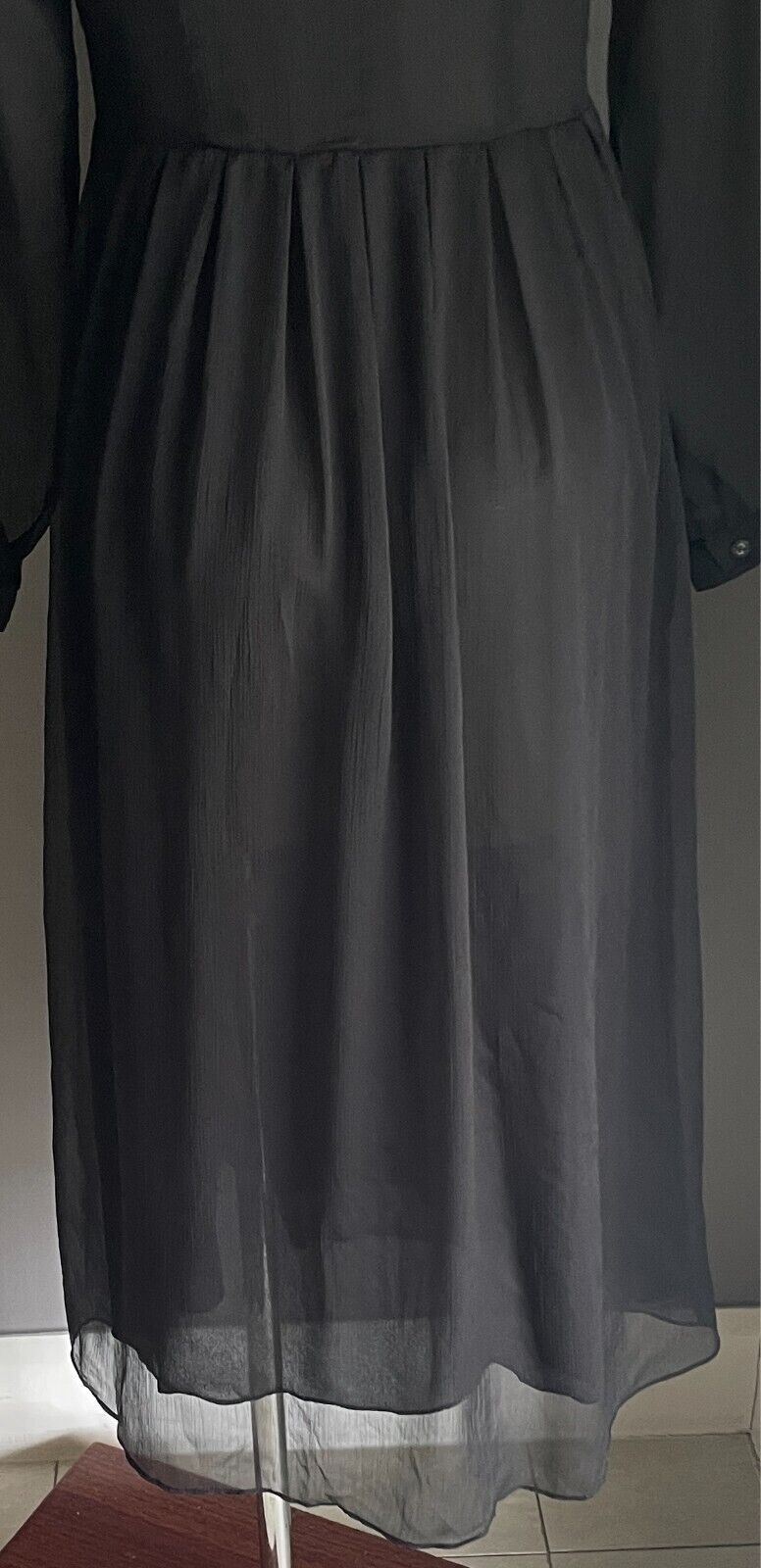 MEI BAN Midi Black Sheath Dress Long Sleeve Semi Sheer w Ruffles Goth Size M 10