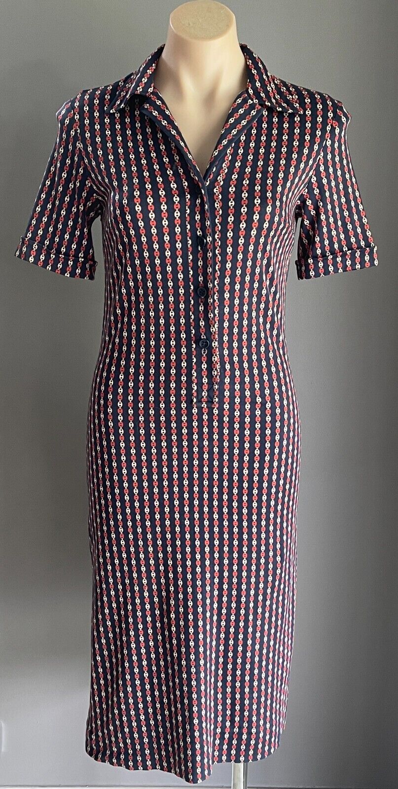 BRENDA BENNETT Birdcage Boutique Shift Dress Navy Rust Ivory Chain Jersey Sz 10