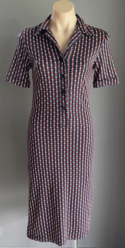 BRENDA BENNETT Birdcage Boutique Shift Dress Navy Rust Ivory Chain Jersey Sz 10