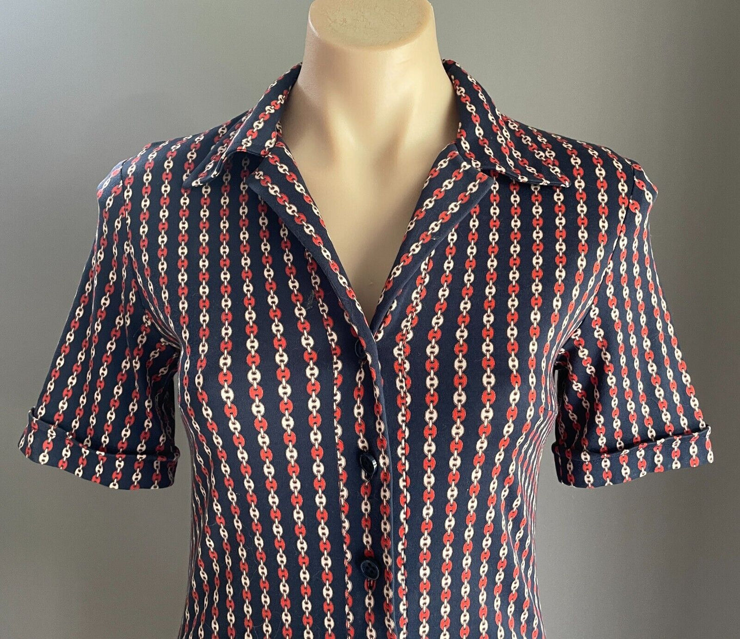 BRENDA BENNETT Birdcage Boutique Shift Dress Navy Rust Ivory Chain Jersey Sz 10