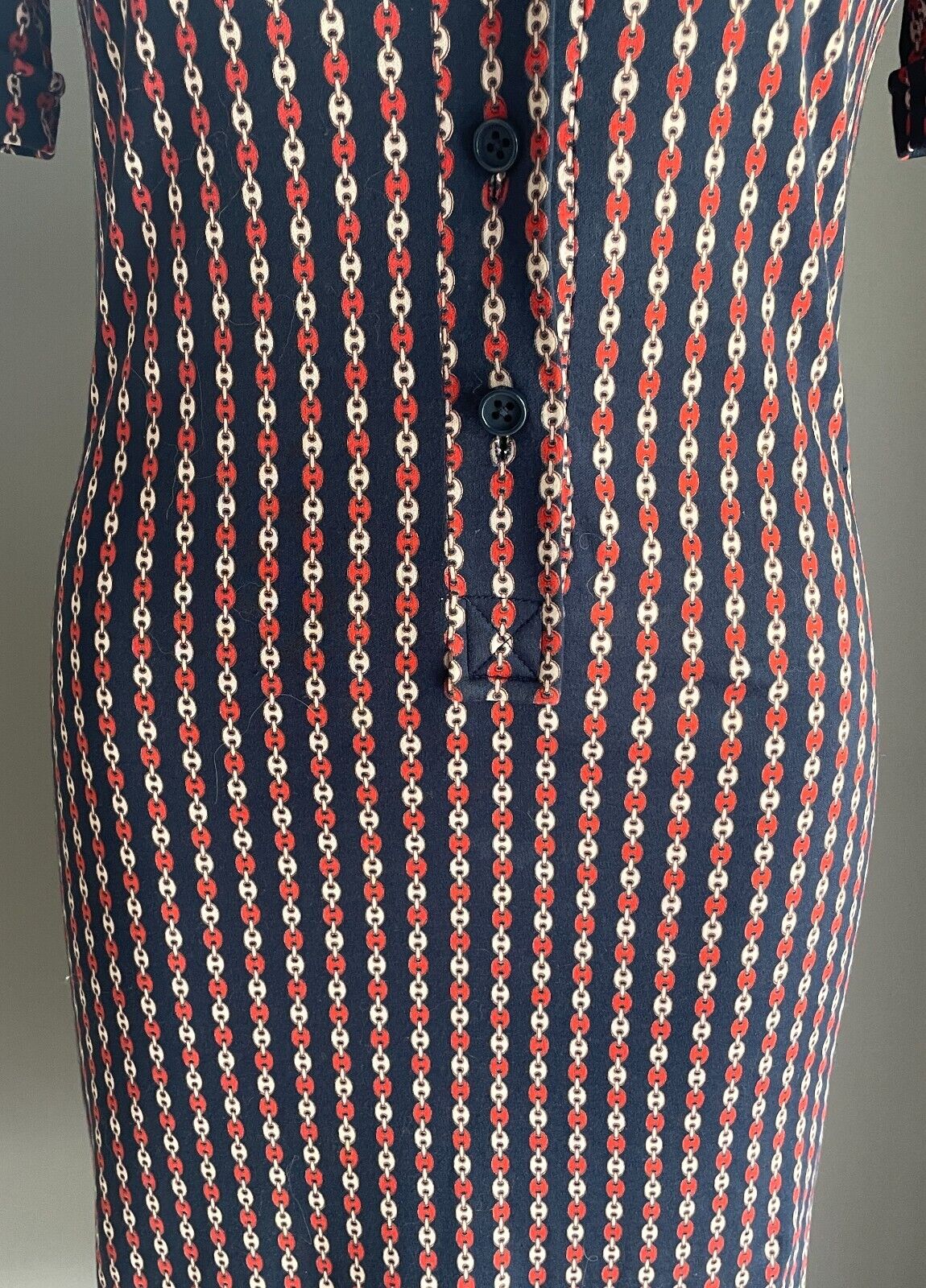 BRENDA BENNETT Birdcage Boutique Shift Dress Navy Rust Ivory Chain Jersey Sz 10