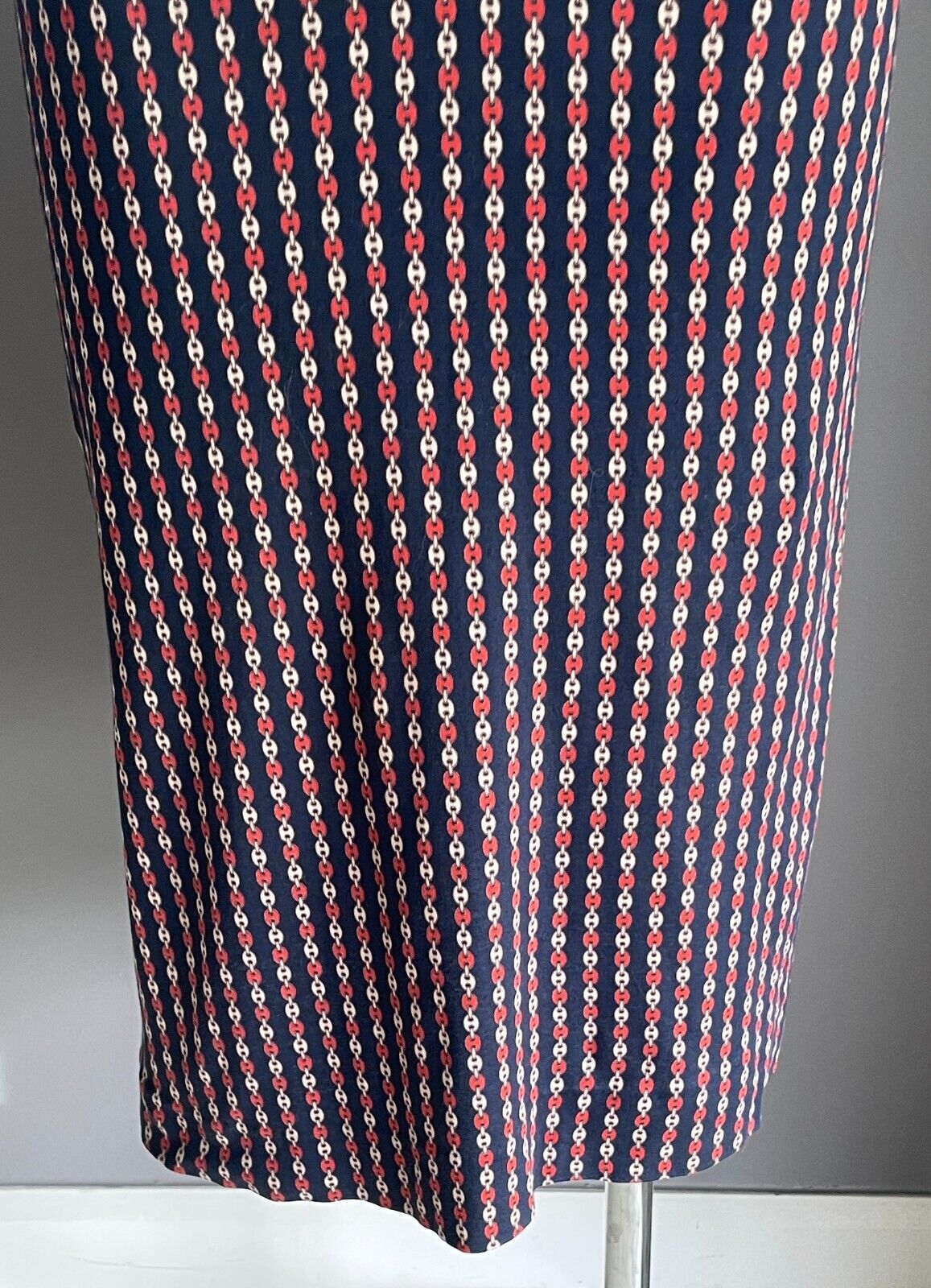 BRENDA BENNETT Birdcage Boutique Shift Dress Navy Rust Ivory Chain Jersey Sz 10