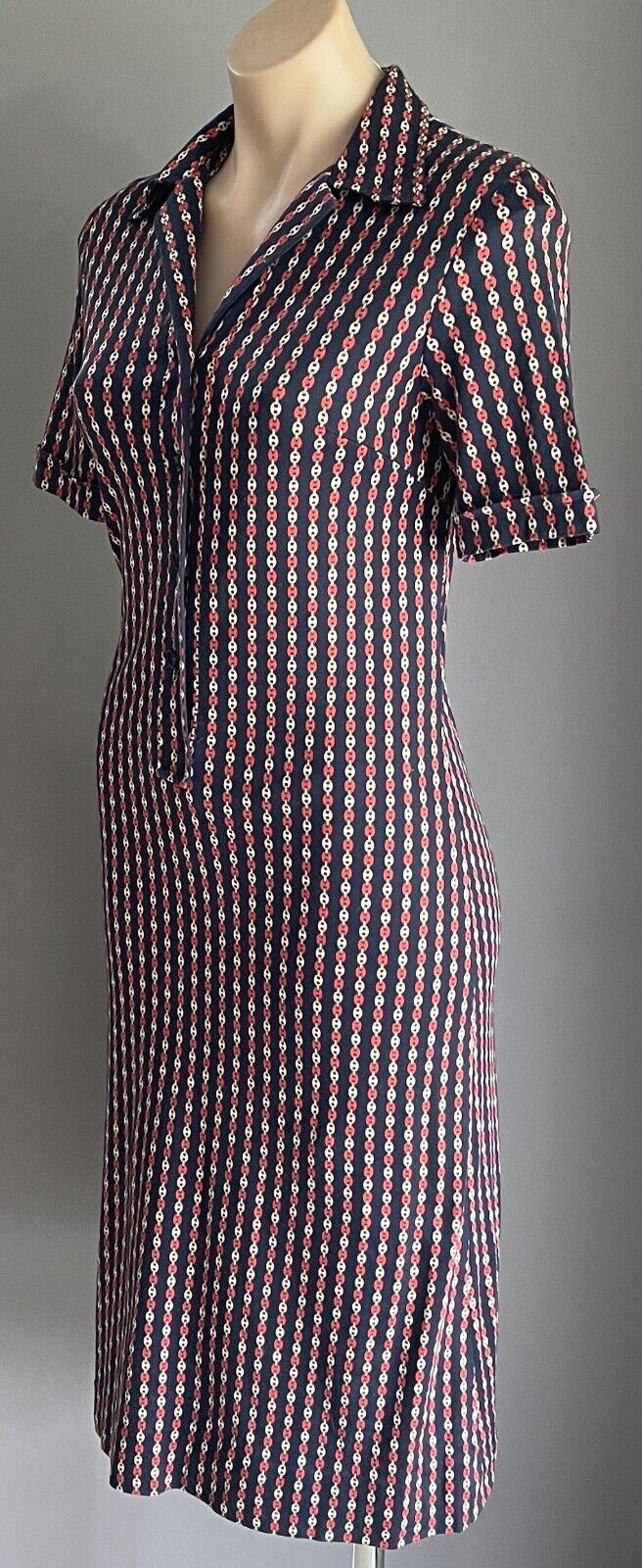 BRENDA BENNETT Birdcage Boutique Shift Dress Navy Rust Ivory Chain Jersey Sz 10