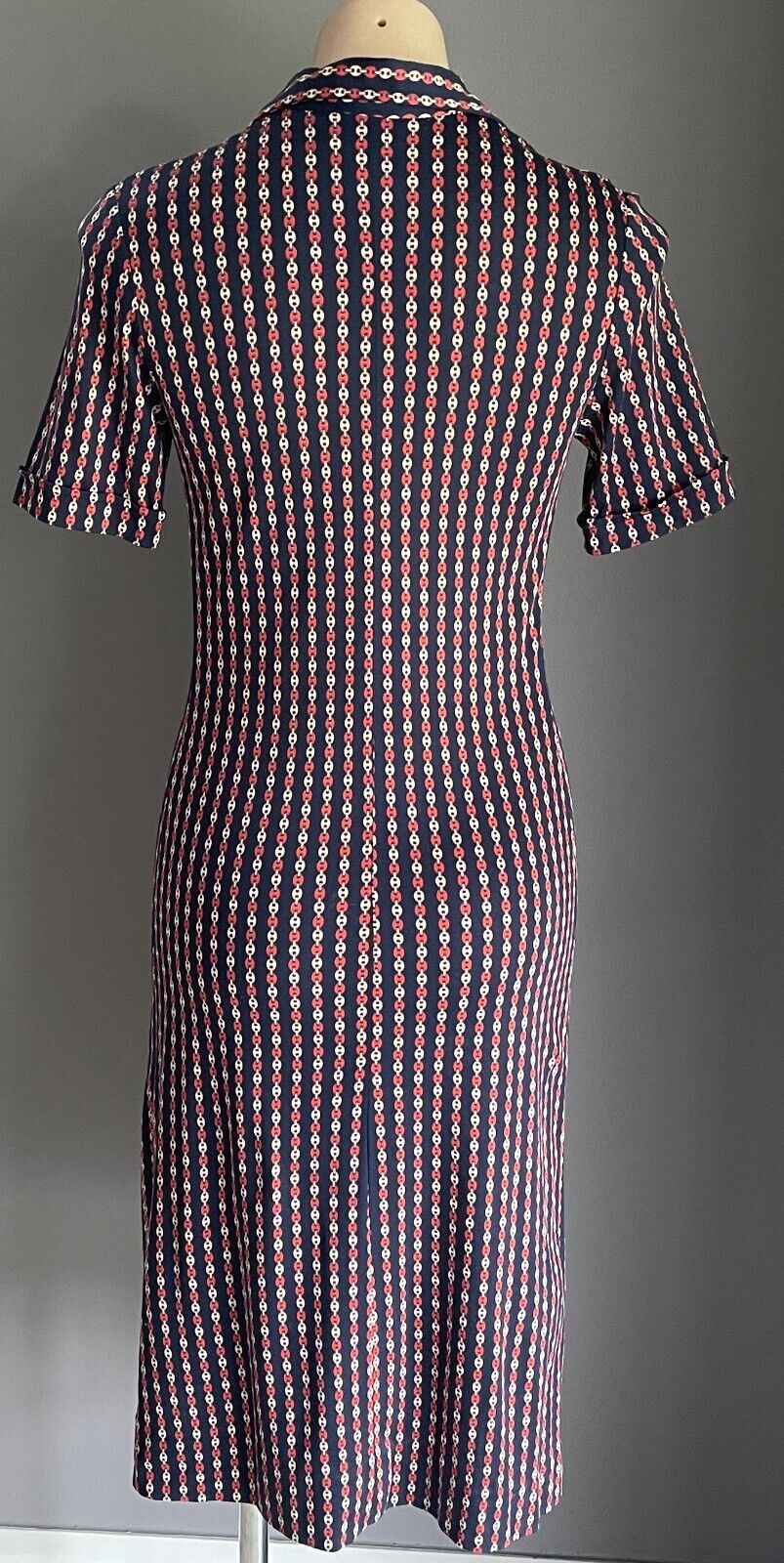 BRENDA BENNETT Birdcage Boutique Shift Dress Navy Rust Ivory Chain Jersey Sz 10