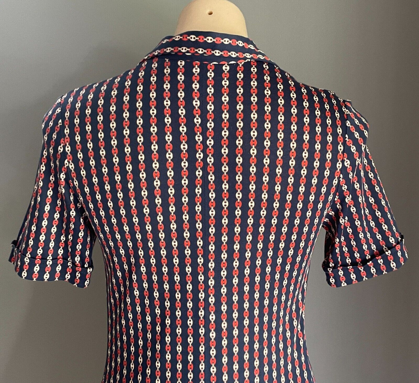 BRENDA BENNETT Birdcage Boutique Shift Dress Navy Rust Ivory Chain Jersey Sz 10