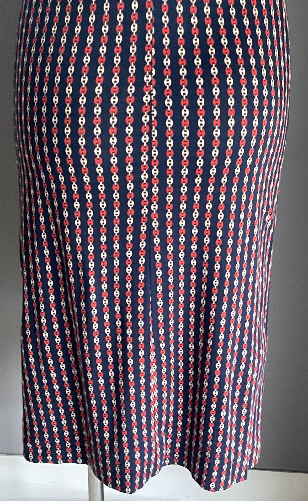 BRENDA BENNETT Birdcage Boutique Shift Dress Navy Rust Ivory Chain Jersey Sz 10