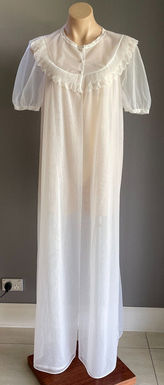 VANITY FAIR Dressing Gown White Nylon Lace Short Sleeve Long Size M 10  Vintage