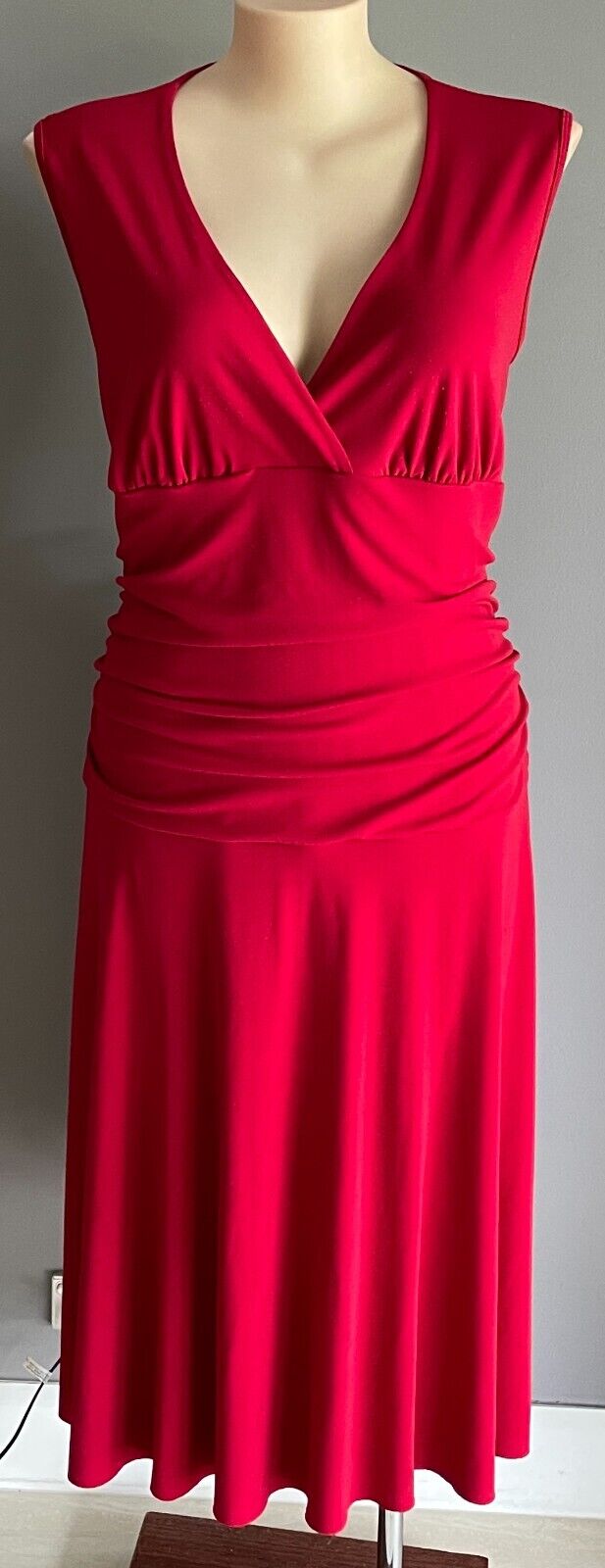 RTM Maxi Dress Red Sleeveless CrossOver Neck Ruched Belly Size L 12 Stretch