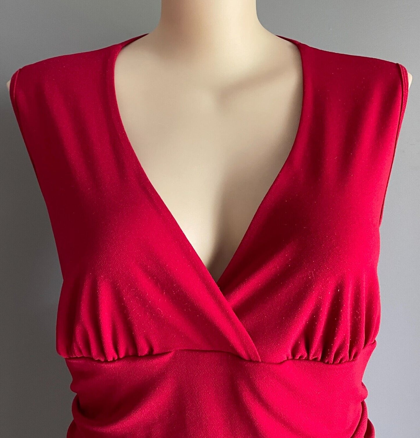 RTM Maxi Dress Red Sleeveless CrossOver Neck Ruched Belly Size L 12 Stretch