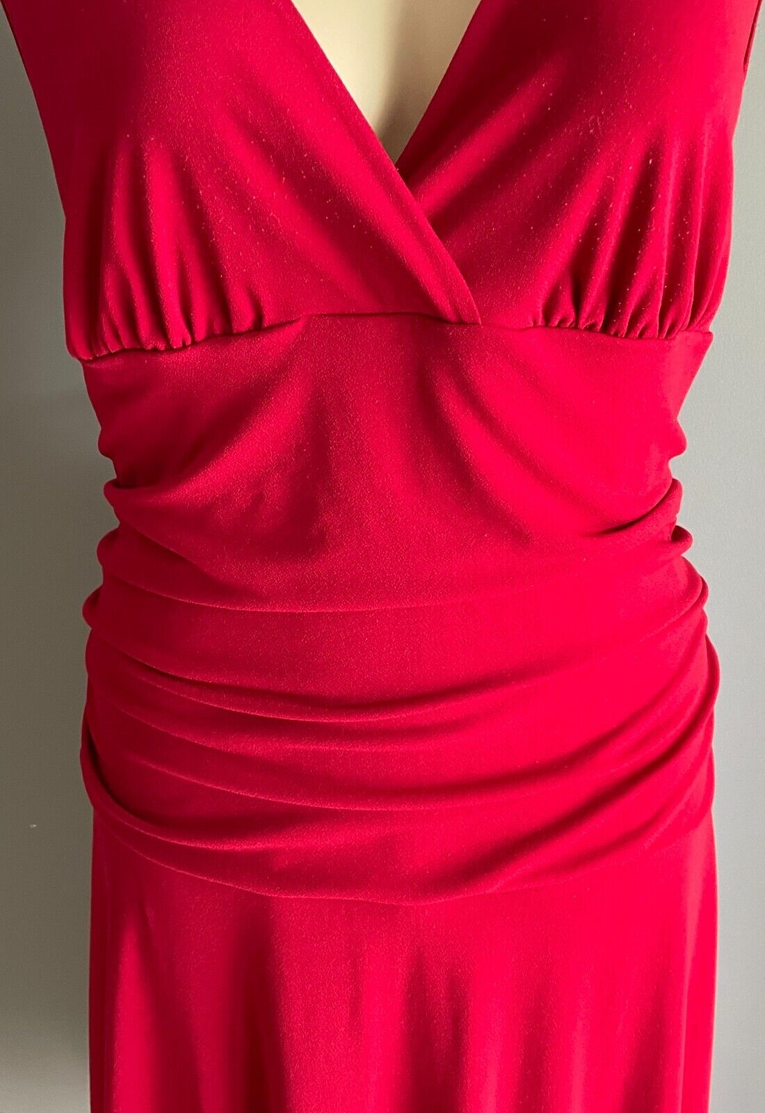 RTM Maxi Dress Red Sleeveless CrossOver Neck Ruched Belly Size L 12 Stretch