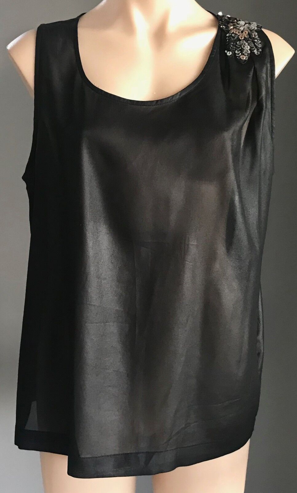 KENJI Tank Top Sleeveless Black w Sequin Shoulder Trim Whimsigoth Size 14 Retro