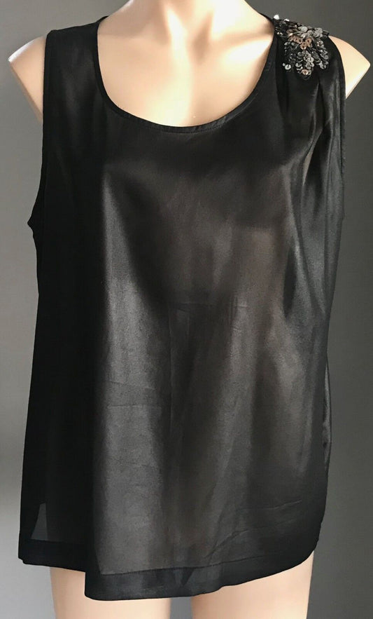 KENJI Tank Top Sleeveless Black w Sequin Shoulder Trim Whimsigoth Size 14 Retro