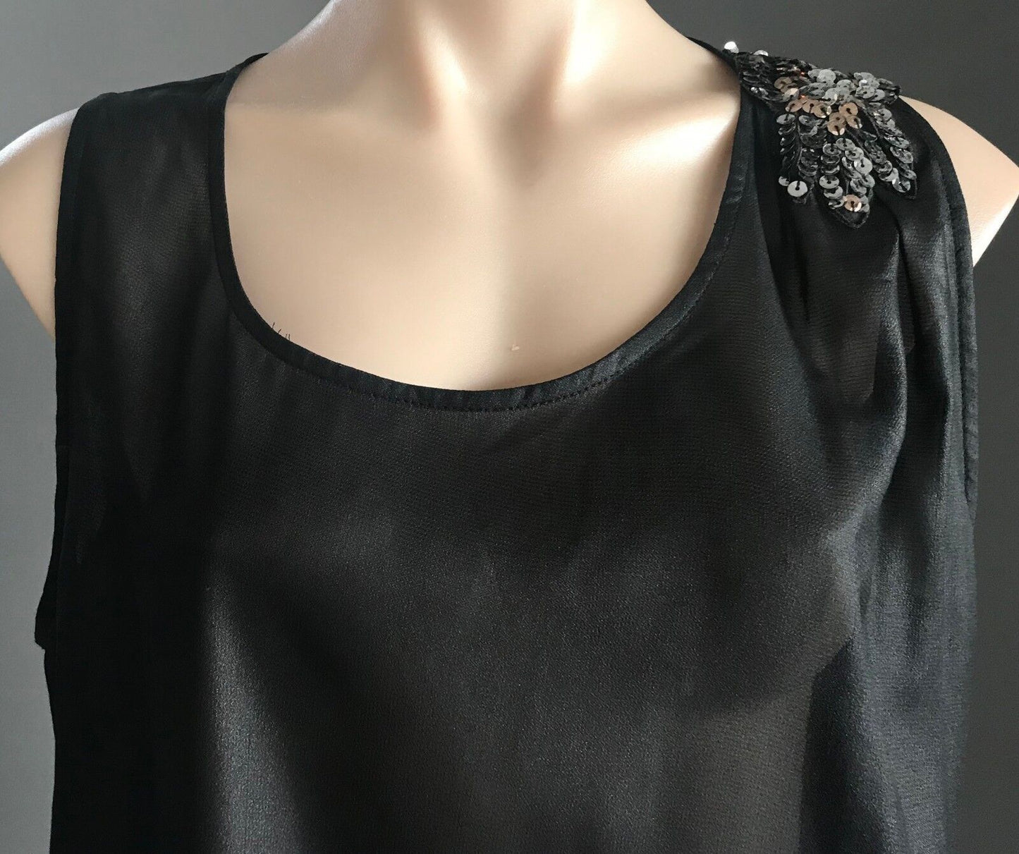 KENJI Tank Top Sleeveless Black w Sequin Shoulder Trim Whimsigoth Size 14 Retro