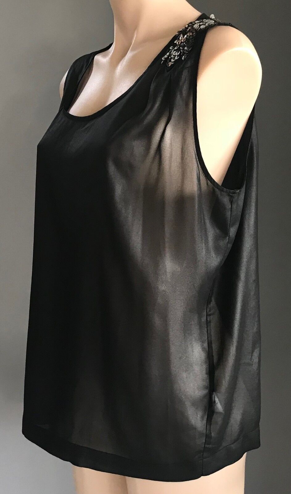 KENJI Tank Top Sleeveless Black w Sequin Shoulder Trim Whimsigoth Size 14 Retro