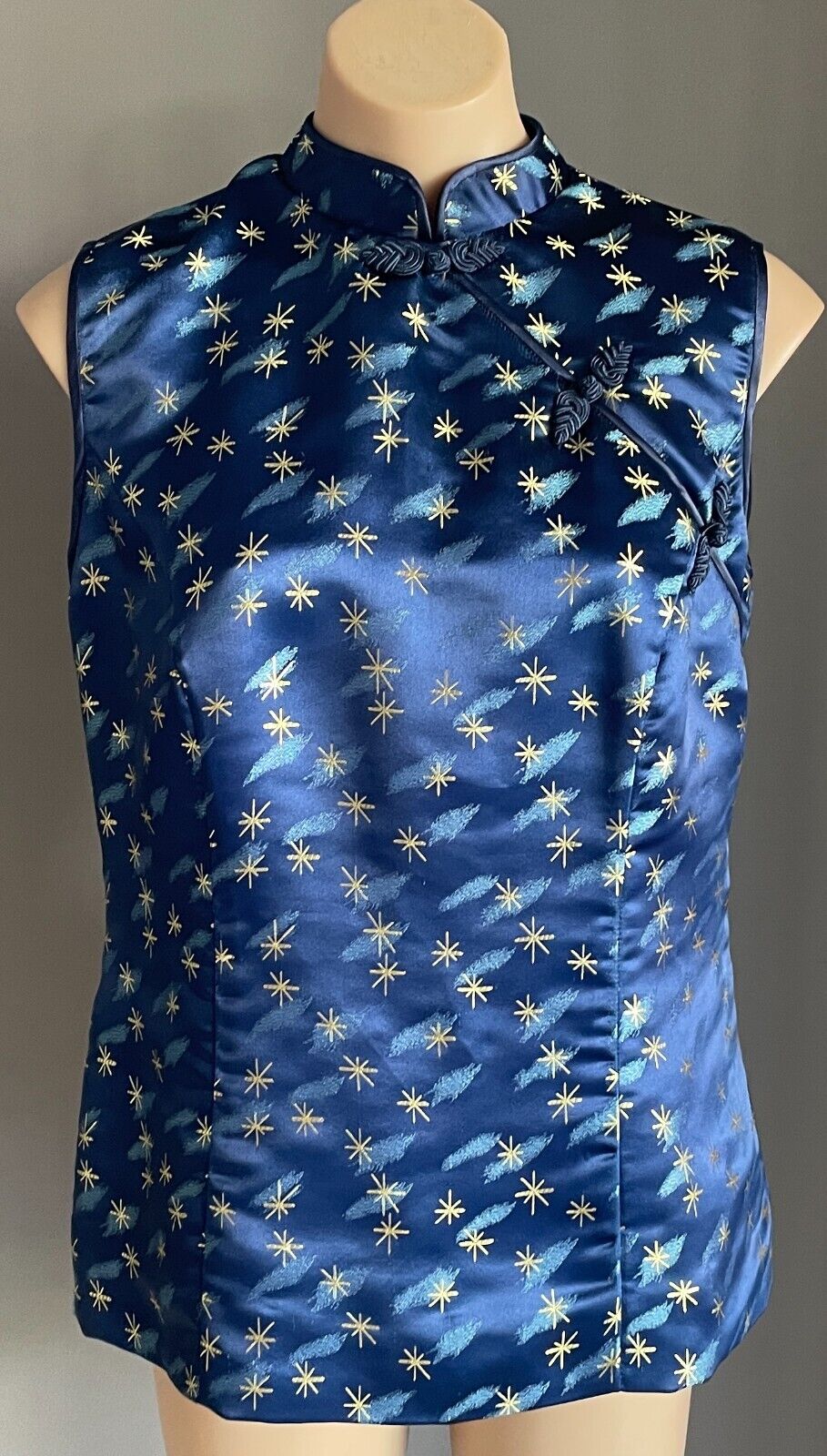 Vintage Cheongsam Blue & Gold Print Tunic Top Chinese Mandarin Sleeveless Sze 14