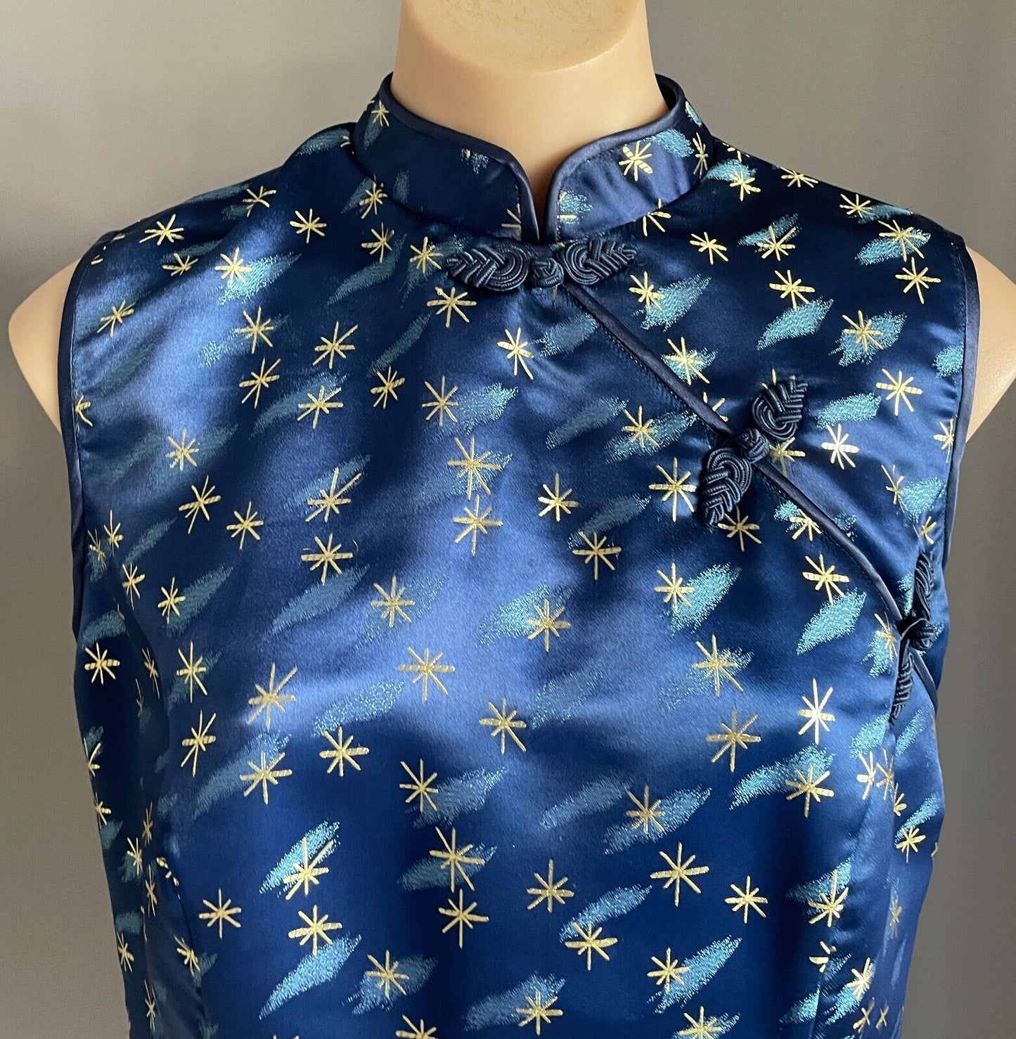 Vintage Cheongsam Blue & Gold Print Tunic Top Chinese Mandarin Sleeveless Sze 14