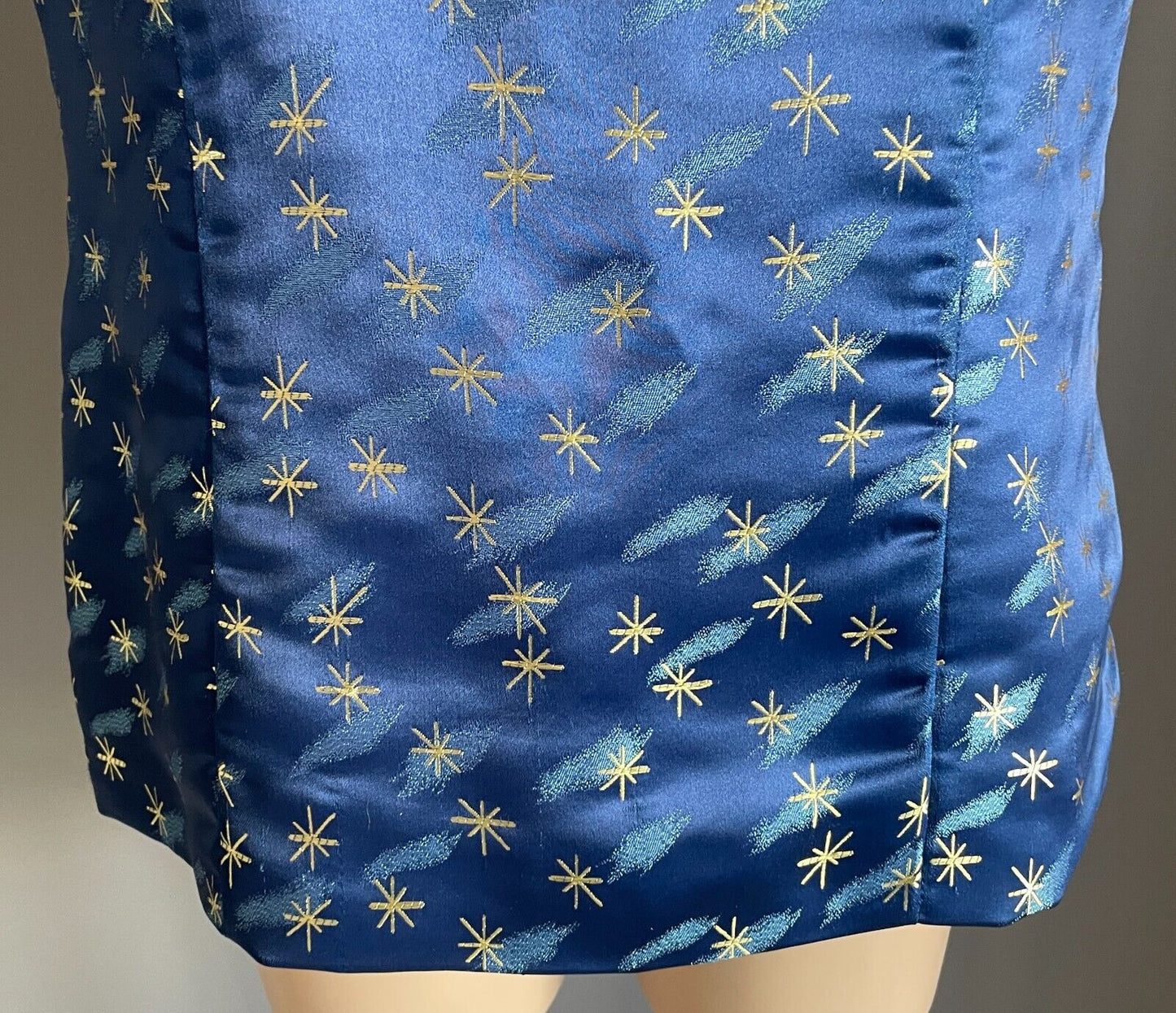 Vintage Cheongsam Blue & Gold Print Tunic Top Chinese Mandarin Sleeveless Sze 14