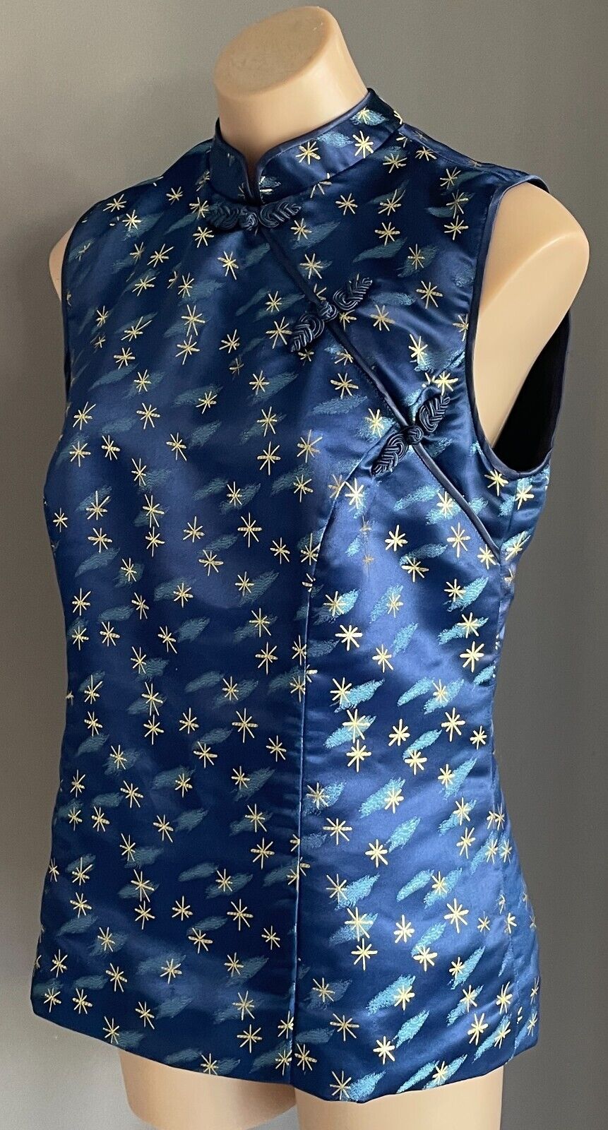 Vintage Cheongsam Blue & Gold Print Tunic Top Chinese Mandarin Sleeveless Sze 14