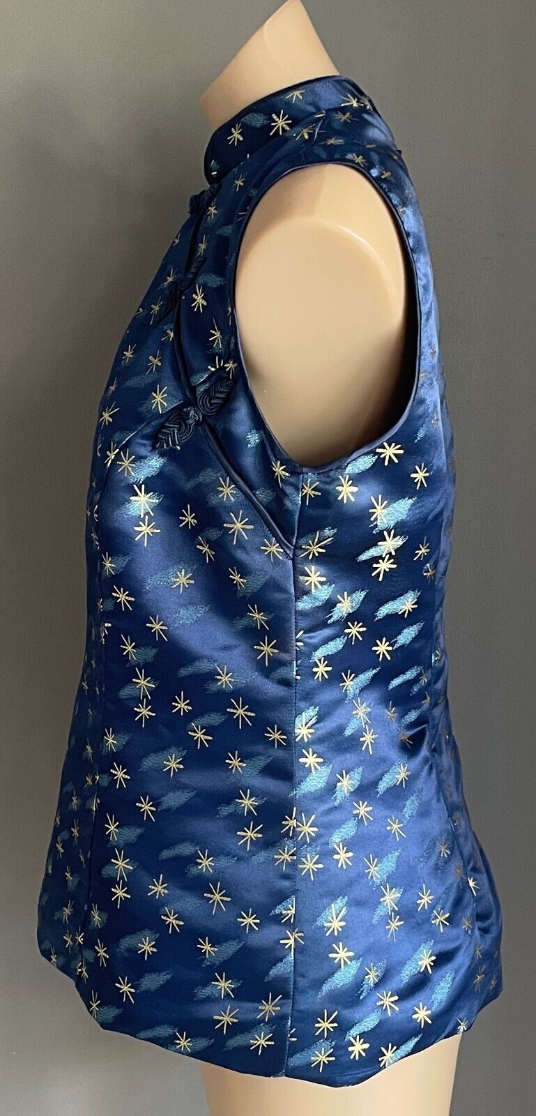 Vintage Cheongsam Blue & Gold Print Tunic Top Chinese Mandarin Sleeveless Sze 14