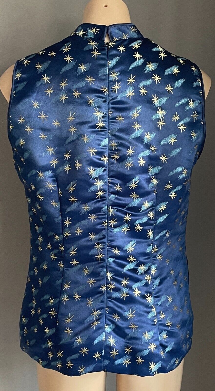 Vintage Cheongsam Blue & Gold Print Tunic Top Chinese Mandarin Sleeveless Sze 14