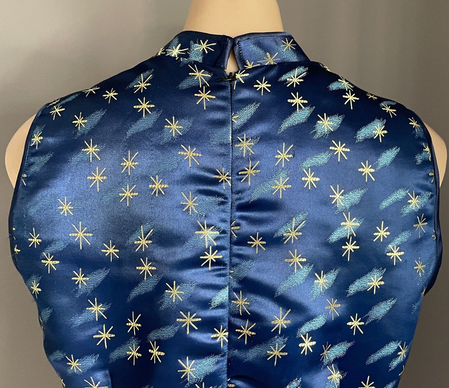Vintage Cheongsam Blue & Gold Print Tunic Top Chinese Mandarin Sleeveless Sze 14