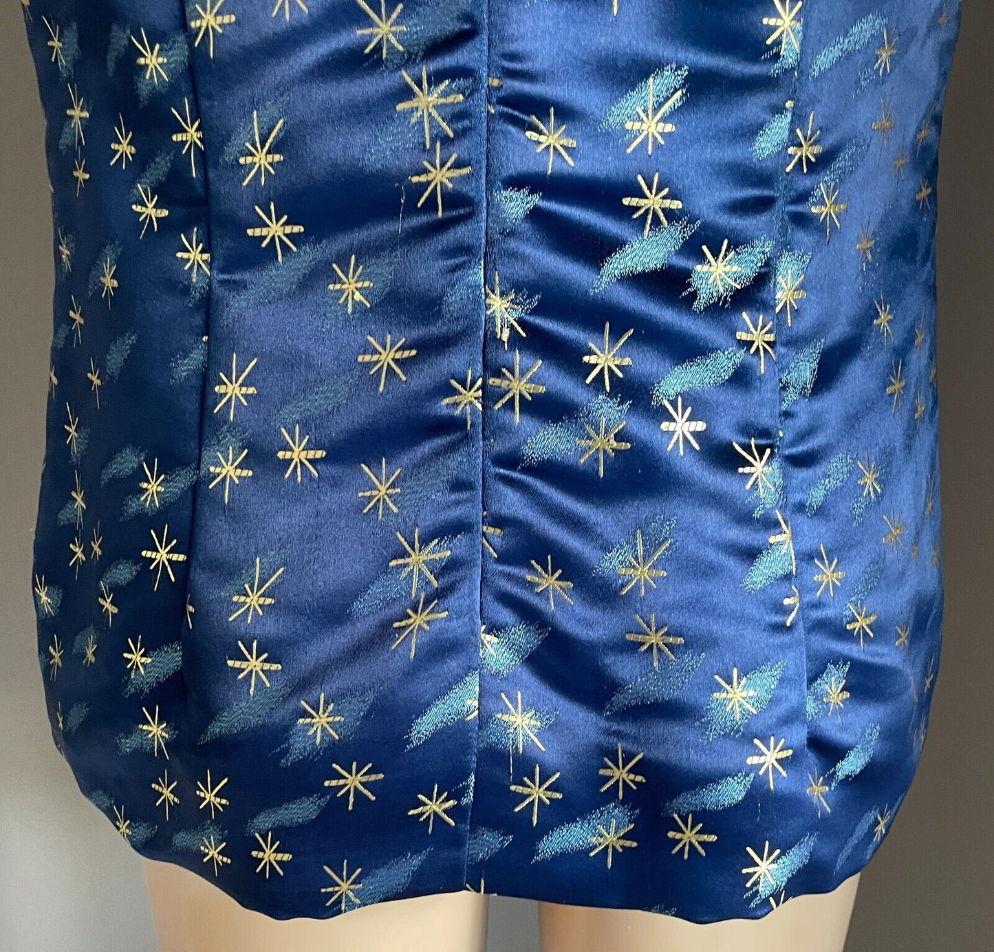 Vintage Cheongsam Blue & Gold Print Tunic Top Chinese Mandarin Sleeveless Sze 14
