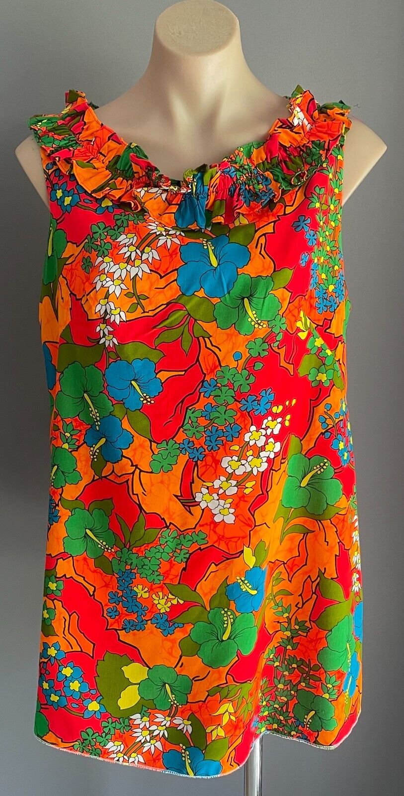 ROYAL HAWAIIAN Sundress Bright Tropical Loud A-Line Top Size 14 Vintage 1970s