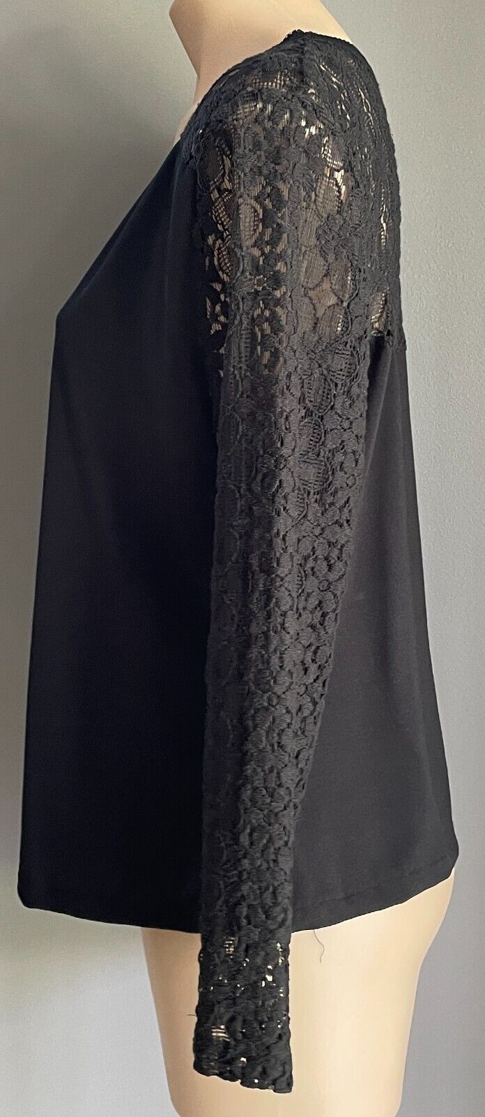 CUTE ANN Black Stretch Jersey Top Lace Long Sleeves & Shoulder Trim Size 5X 14