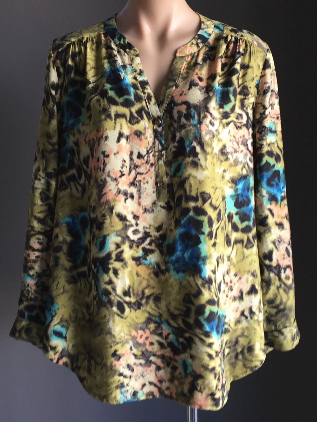 SUZANNE GRAE Gold Button Front Top Mottled Print Long Sleeve Blouse Size 14
