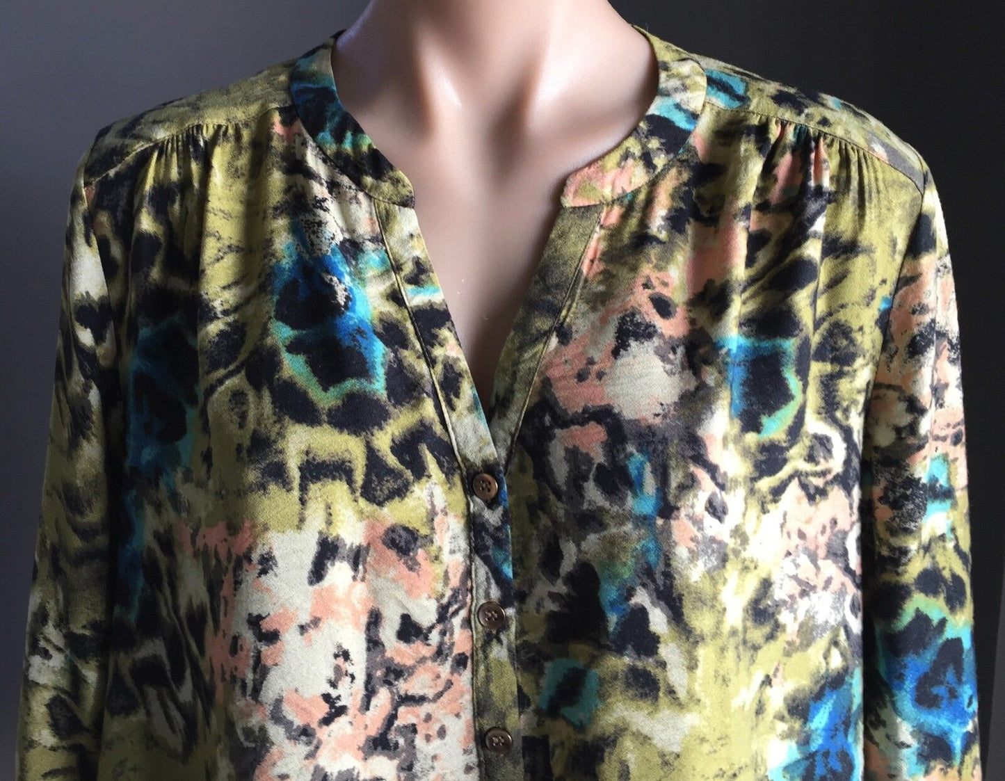 SUZANNE GRAE Gold Button Front Top Mottled Print Long Sleeve Blouse Size 14