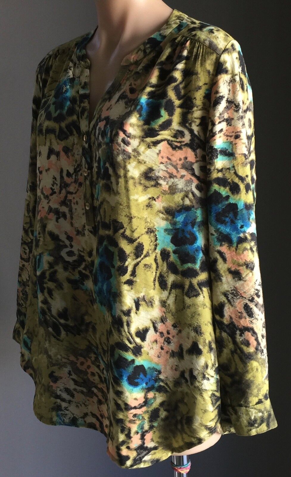 SUZANNE GRAE Gold Button Front Top Mottled Print Long Sleeve Blouse Size 14