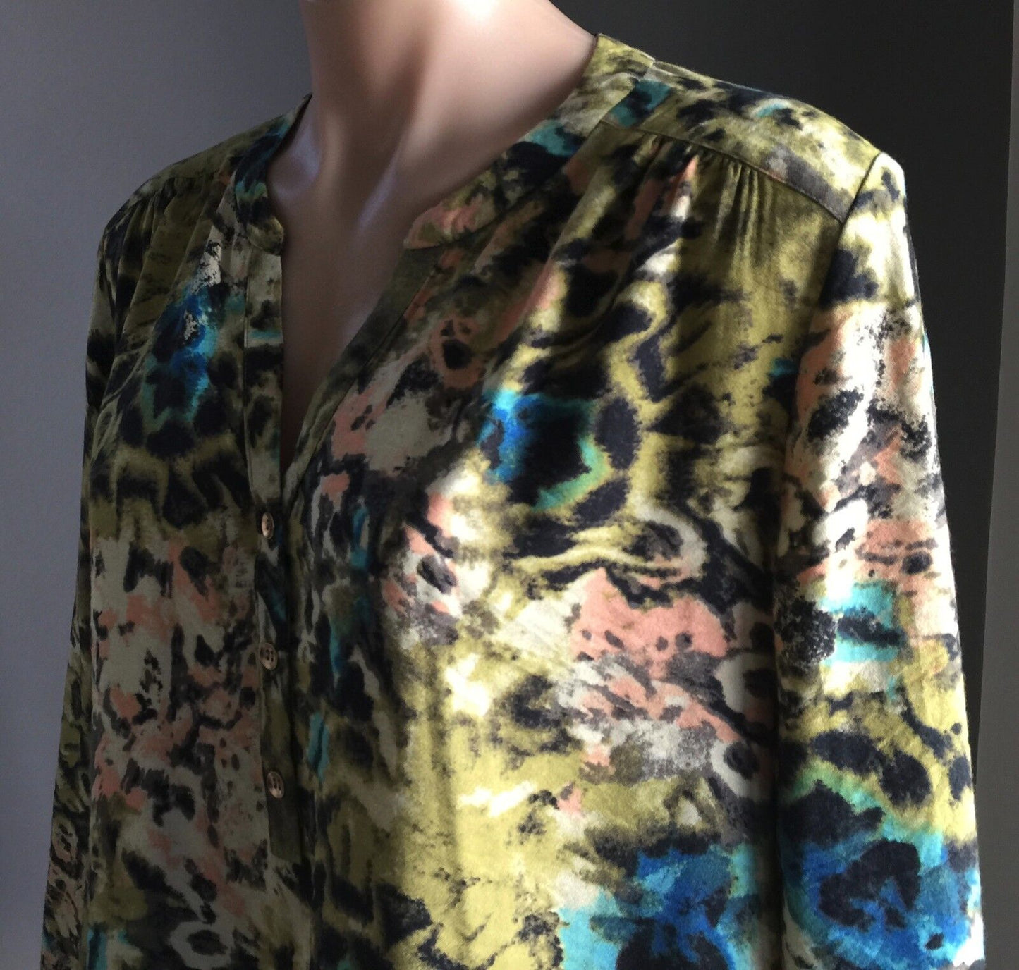 SUZANNE GRAE Gold Button Front Top Mottled Print Long Sleeve Blouse Size 14