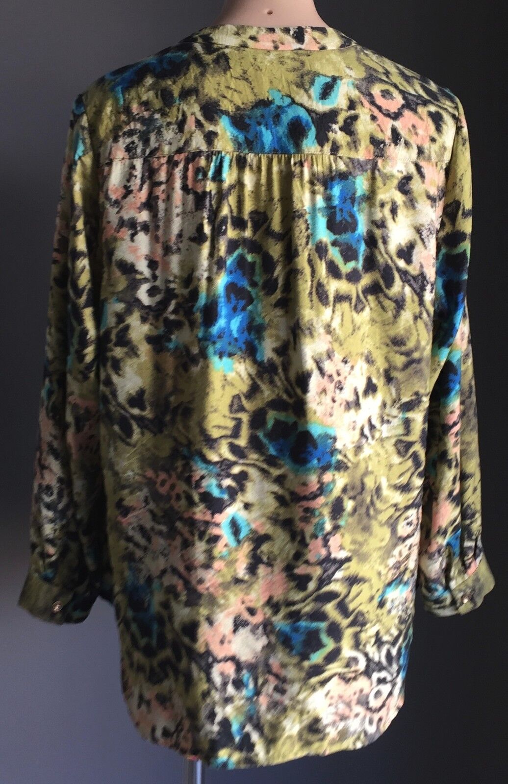 SUZANNE GRAE Gold Button Front Top Mottled Print Long Sleeve Blouse Size 14