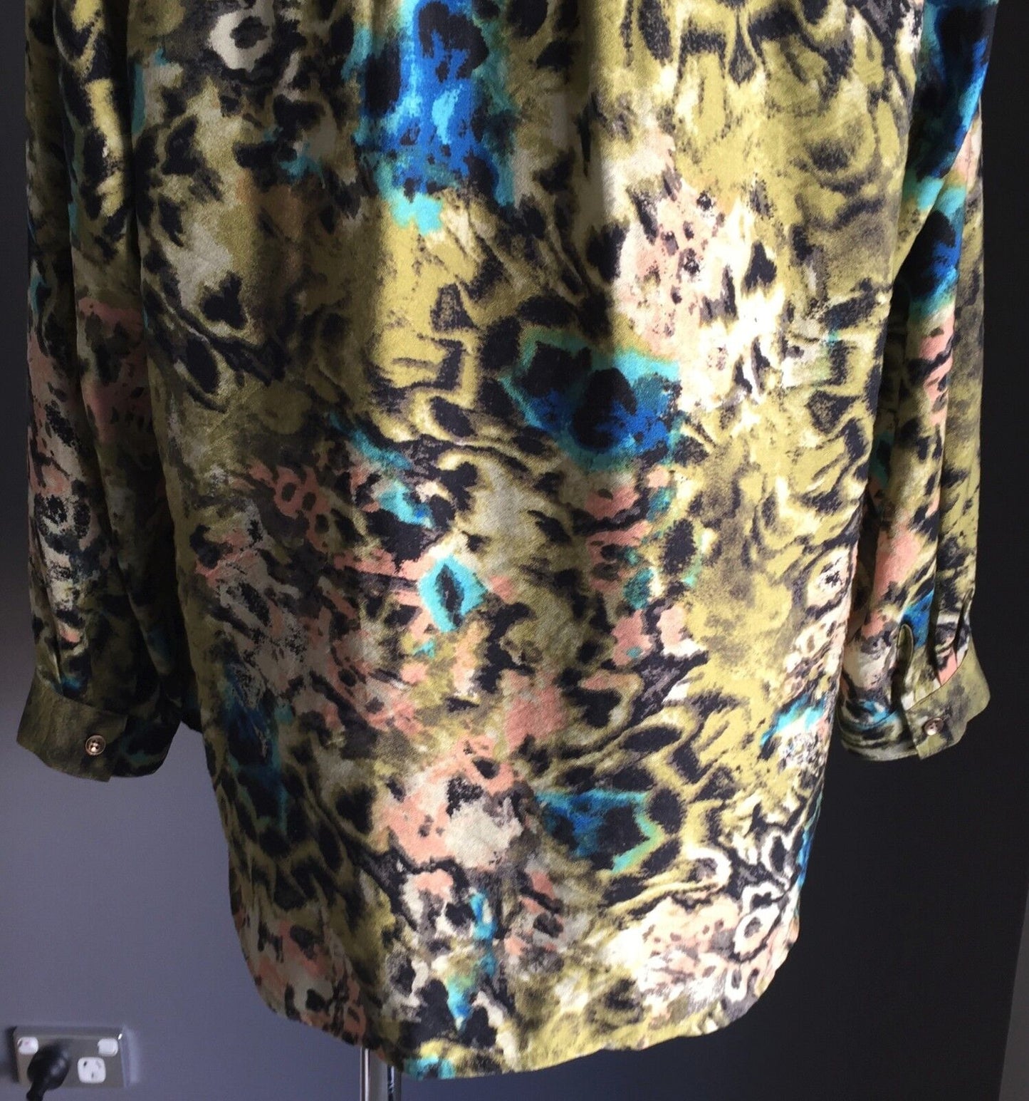 SUZANNE GRAE Gold Button Front Top Mottled Print Long Sleeve Blouse Size 14