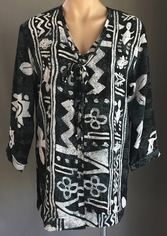 CIAO BELLA Top Grey Black White Tribal Print 3/4 Sleeve Blouse Size S 12 14 NEW