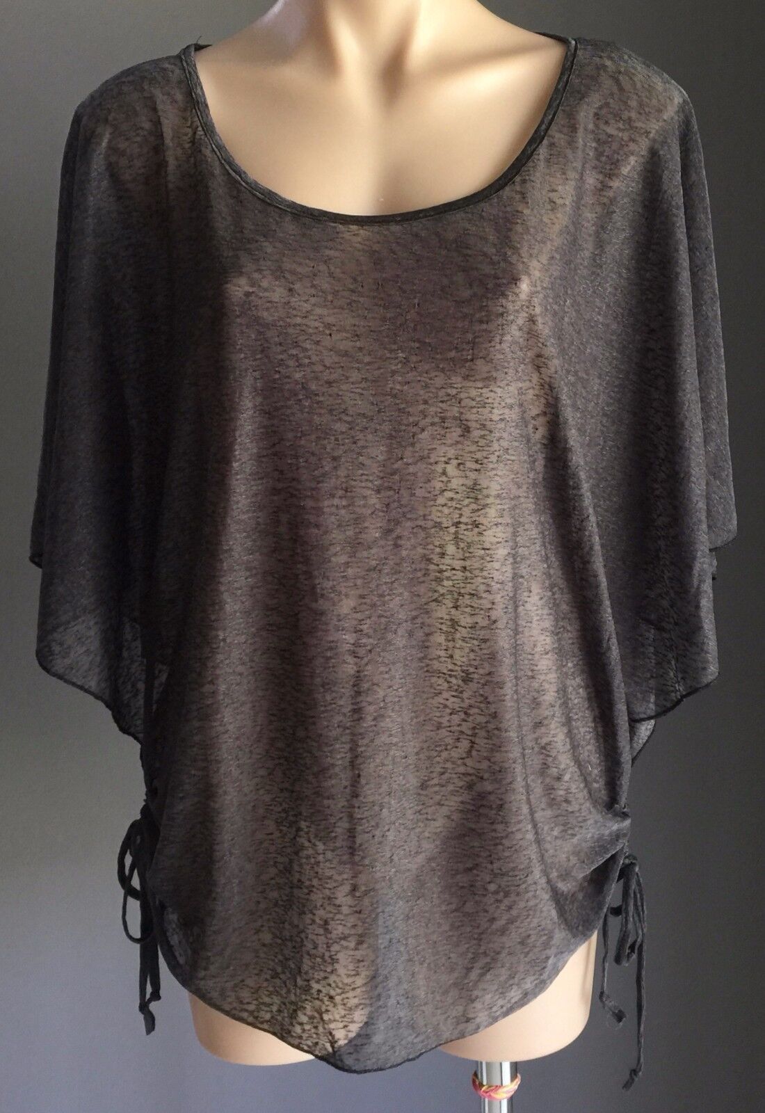 CAROLINE MORGAN Top Grey Burnout Slub Kimono Blouse Ruched Sides Size 14 NEW