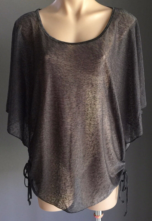 CAROLINE MORGAN Top Grey Burnout Slub Kimono Blouse Ruched Sides Size 14 NEW