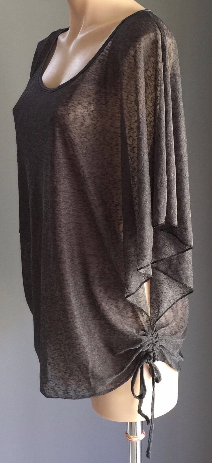 CAROLINE MORGAN Top Grey Burnout Slub Kimono Blouse Ruched Sides Size 14 NEW
