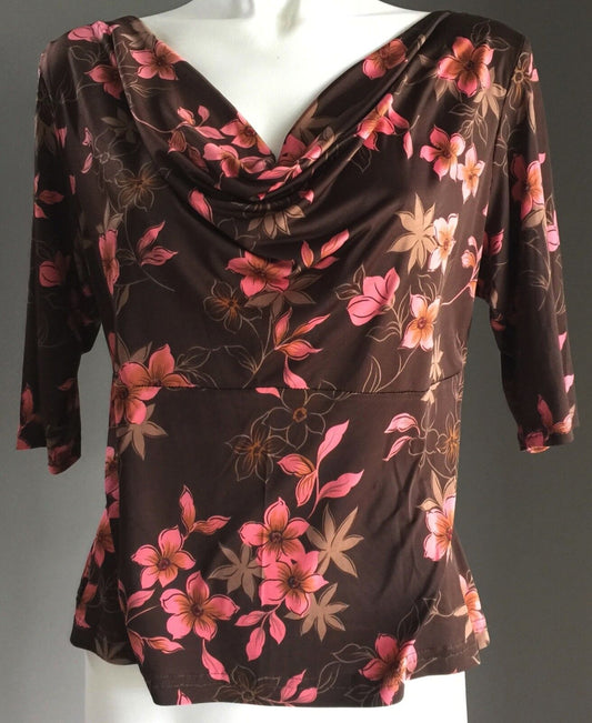 COWL NECK TOP  Elbow Length Versatile Brown Pink Floral Print Ladies Size 12 14