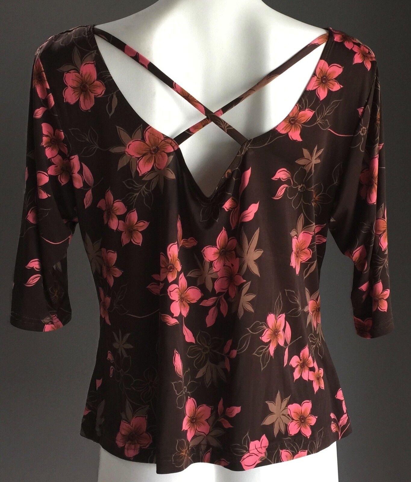 COWL NECK TOP  Elbow Length Versatile Brown Pink Floral Print Ladies Size 12 14