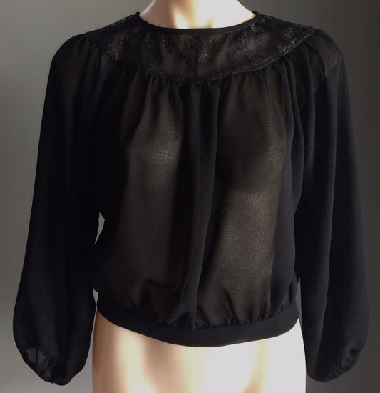 KEYHOLE BACK  3/4 Sleeve Blouse Top  Sheer High Neck  Black Lace  Size 14 Top