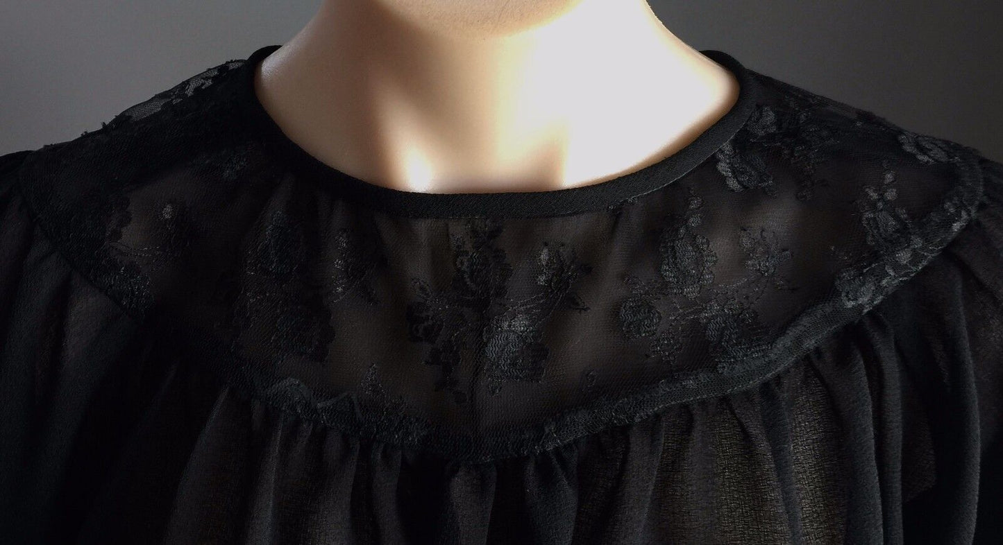 KEYHOLE BACK  3/4 Sleeve Blouse Top  Sheer High Neck  Black Lace  Size 14 Top