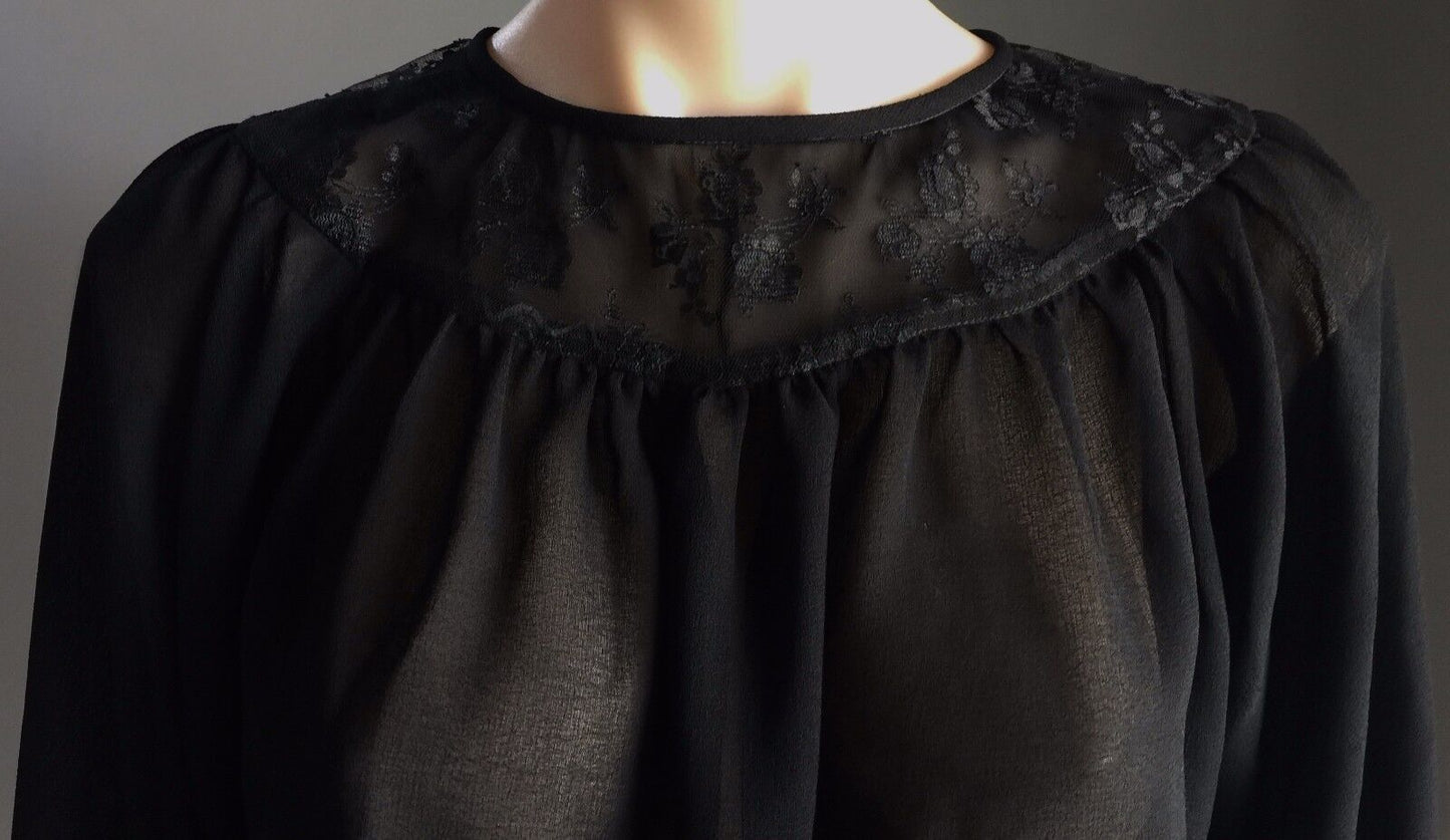 KEYHOLE BACK  3/4 Sleeve Blouse Top  Sheer High Neck  Black Lace  Size 14 Top