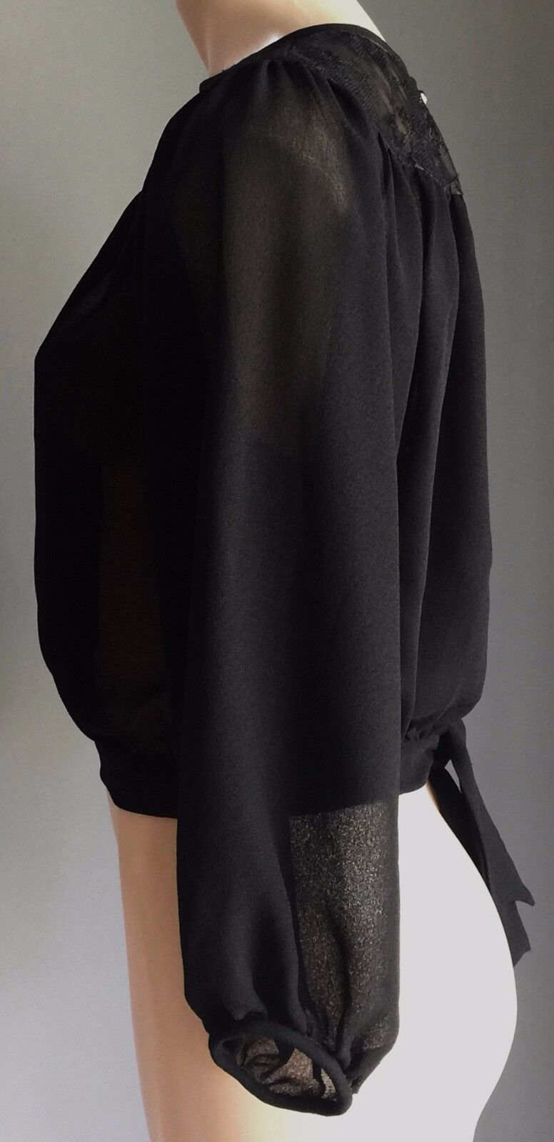 KEYHOLE BACK  3/4 Sleeve Blouse Top  Sheer High Neck  Black Lace  Size 14 Top