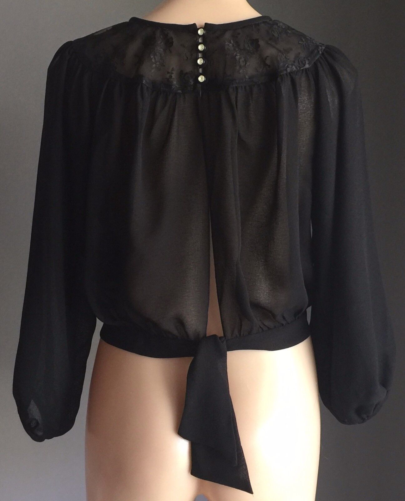 KEYHOLE BACK  3/4 Sleeve Blouse Top  Sheer High Neck  Black Lace  Size 14 Top