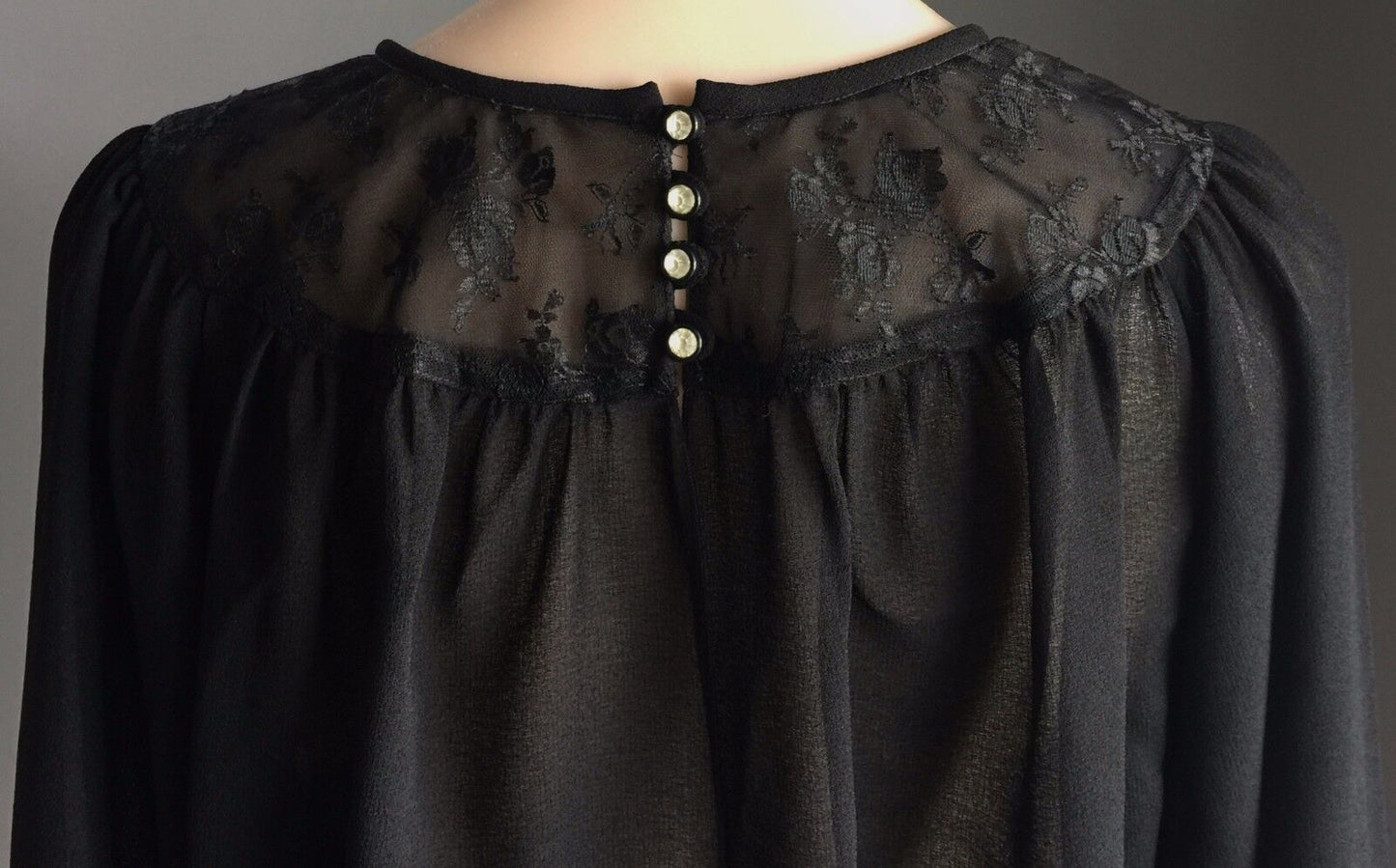 KEYHOLE BACK  3/4 Sleeve Blouse Top  Sheer High Neck  Black Lace  Size 14 Top
