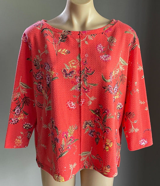 M&S COLLECTION Top Coral Red Orange Floral Print Boat Neck 3/4 Sleeve Size 14