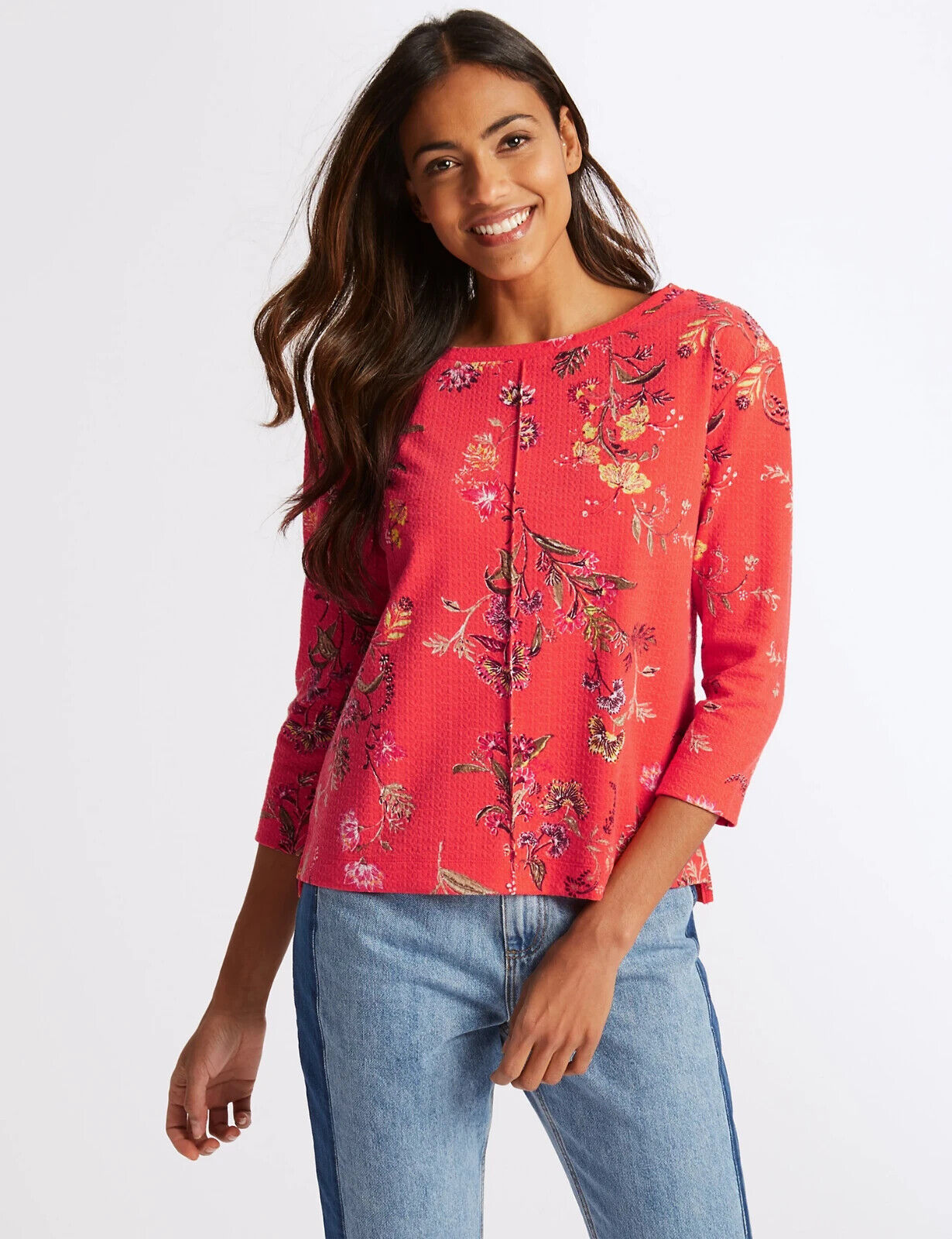 M&S COLLECTION Top Coral Red Orange Floral Print Boat Neck 3/4 Sleeve Size 14