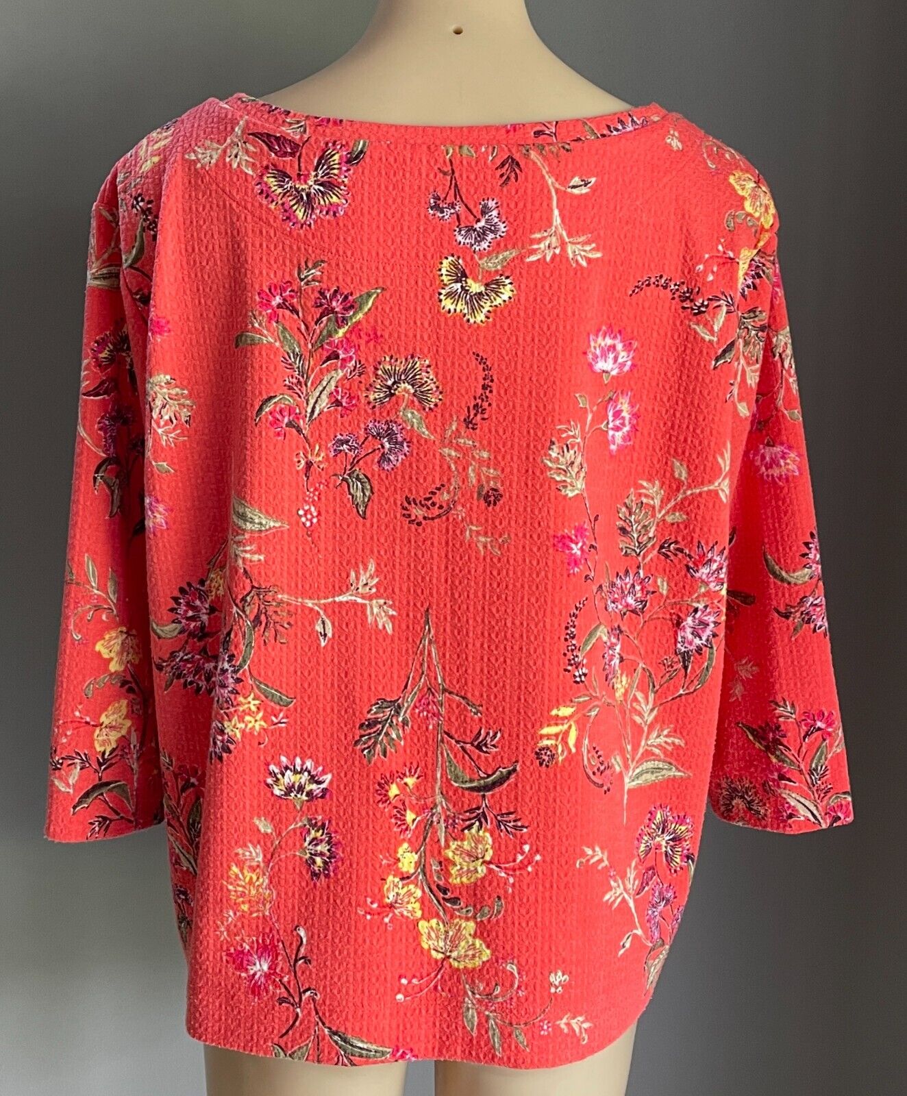 M&S COLLECTION Top Coral Red Orange Floral Print Boat Neck 3/4 Sleeve Size 14